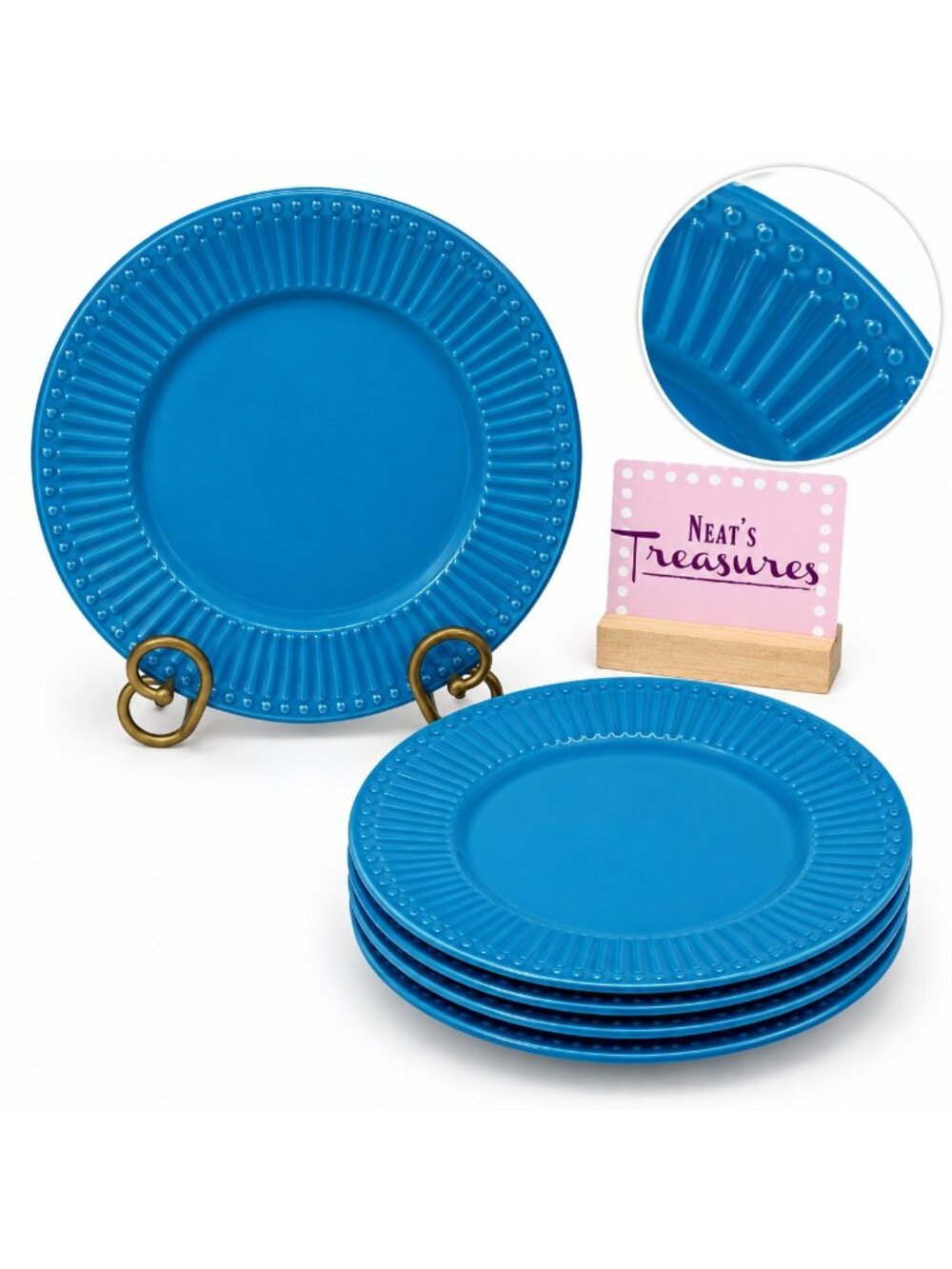 Pfaltzgraff KAMRYN Blue Ribbed & Beaded Rim  No Trim Stoneware Salad Plate Set 5